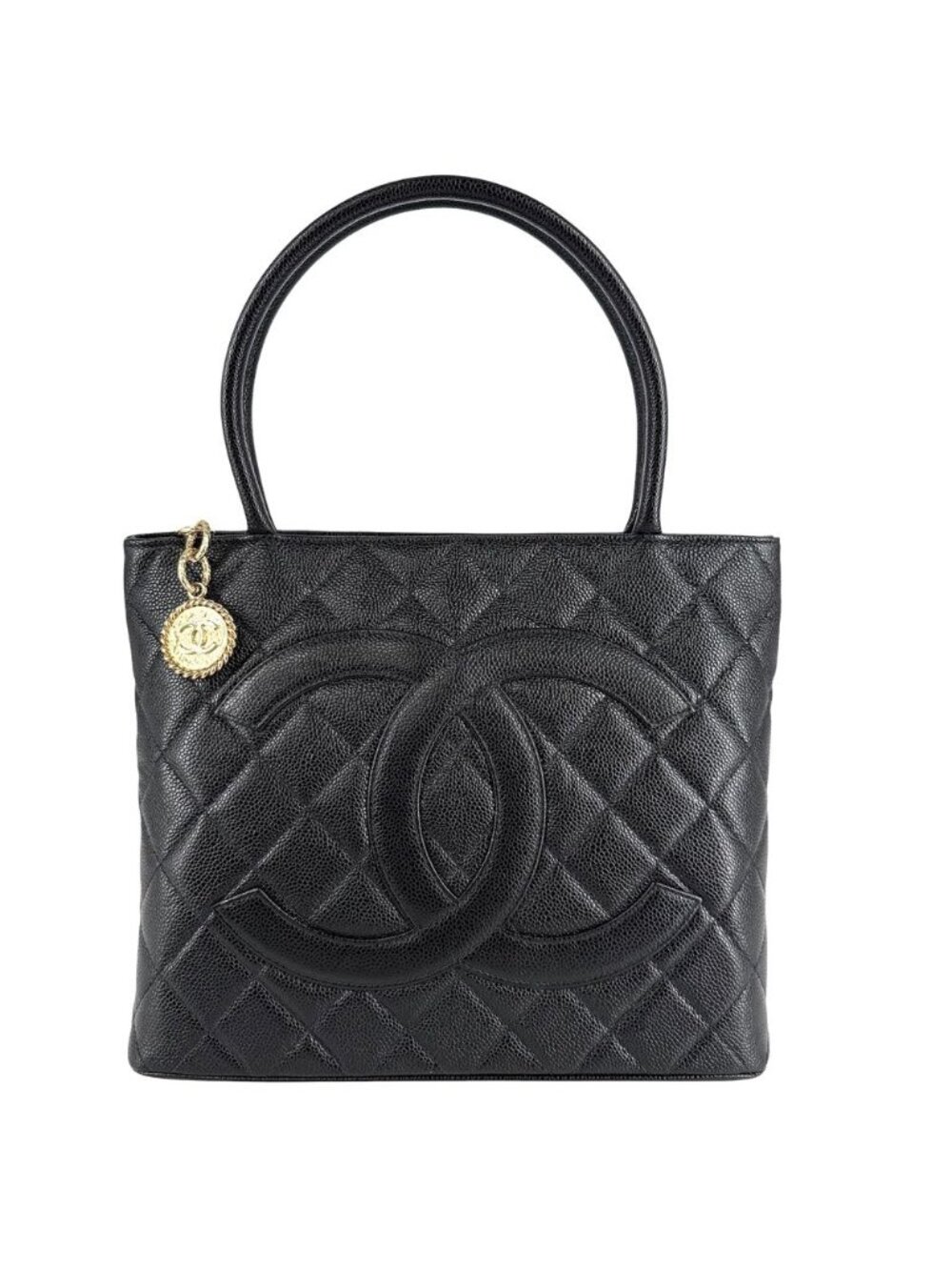 Chanel Tote Bag Quilted Reissue CC Logo Shoulder Caviar Leather Black Gold